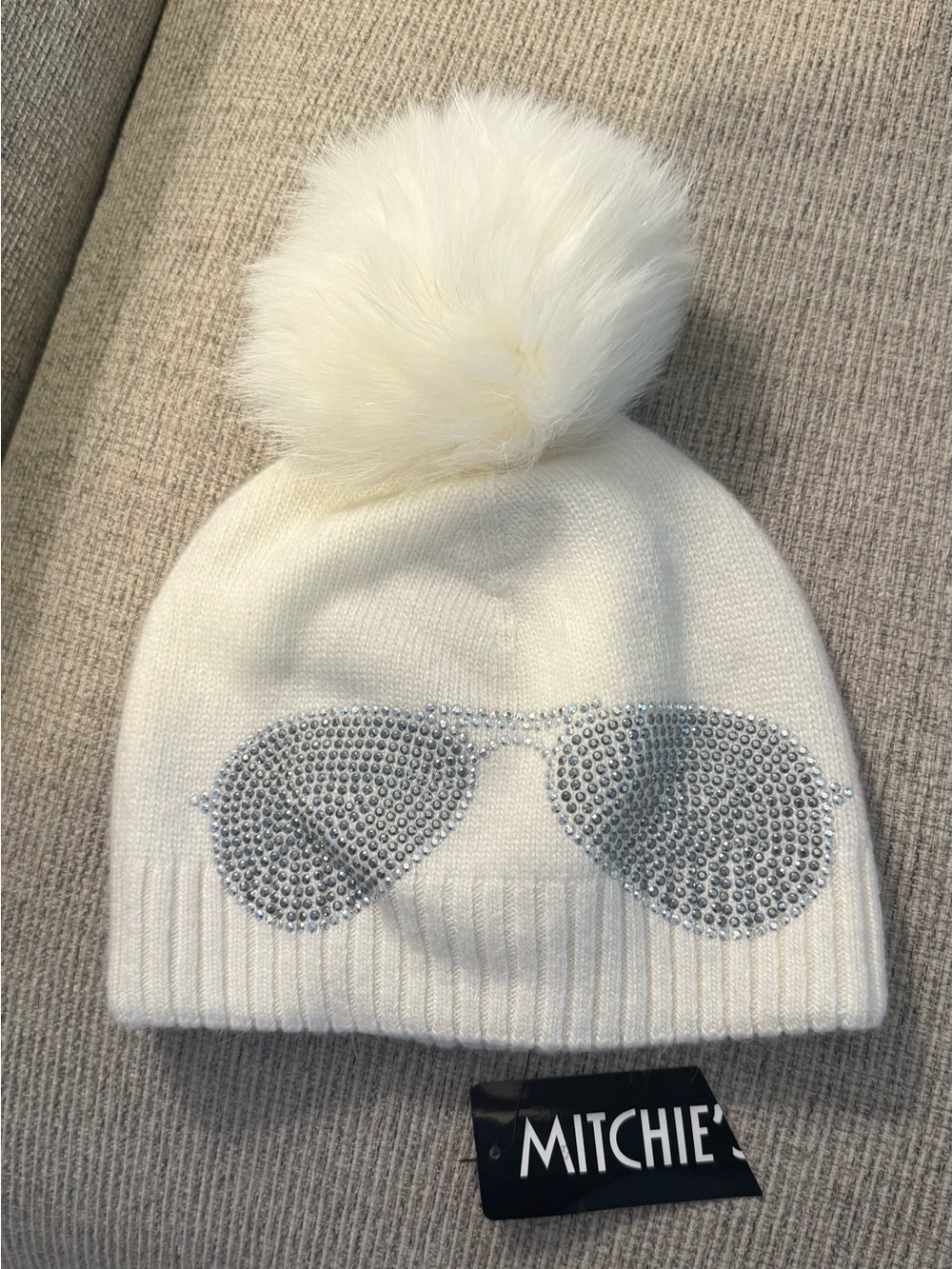 Mitchie Kids' Cream Pom-Pom Beanie with Rhinestone Sunglasses